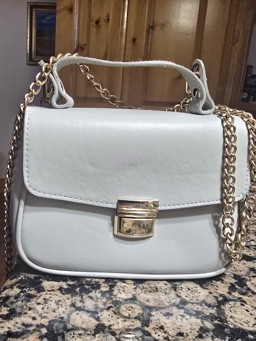 White Top-Handle Crossbody Bag with Gold Chain Strap